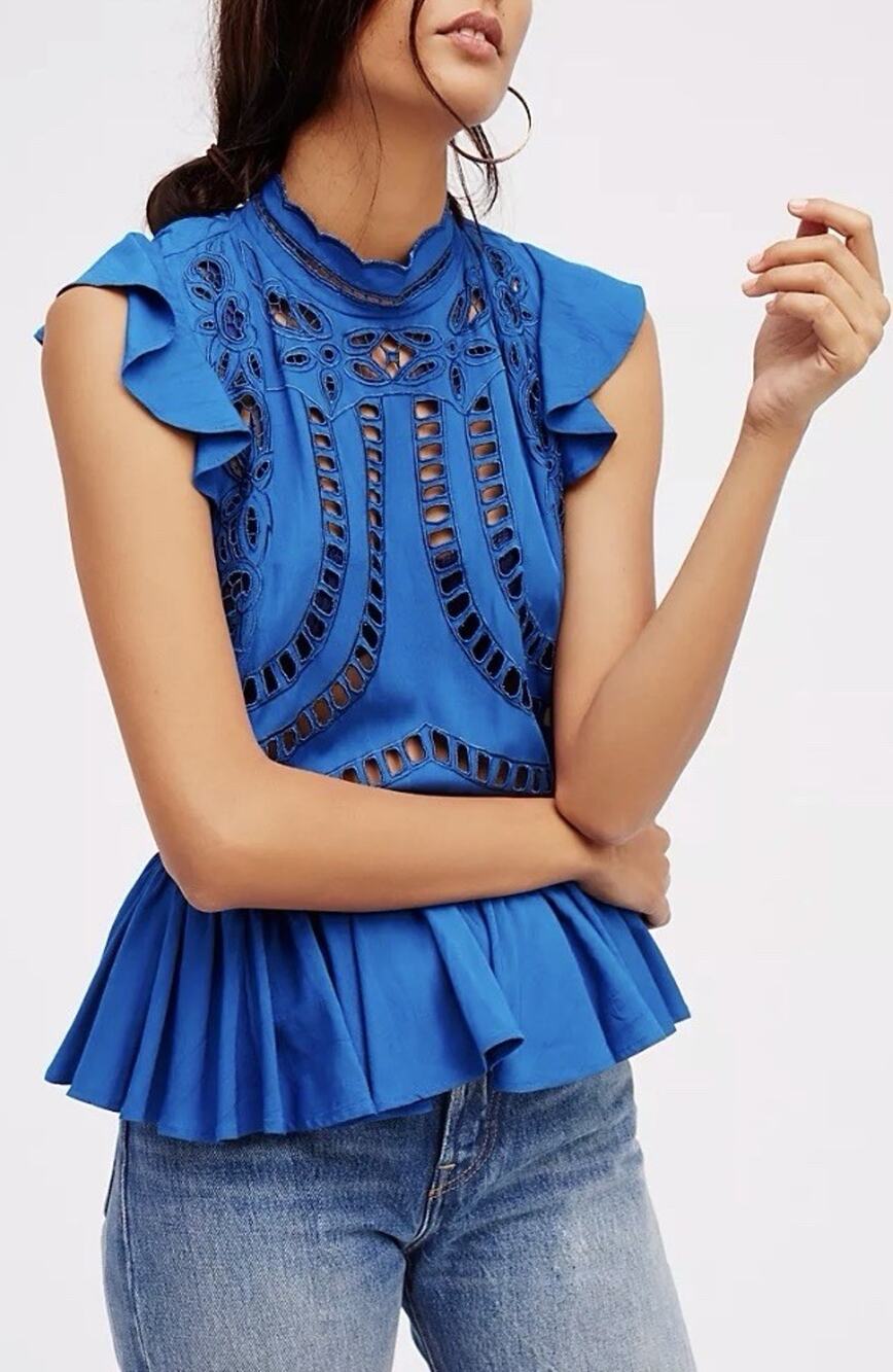 Free People In My Dreams Cutwork Top Blue Crochet XS TP